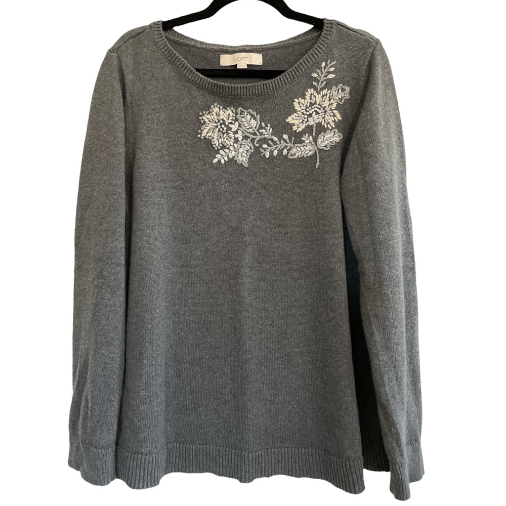 Loft Embroidered Grey Long Sleeve Cozy Sweater Size XL